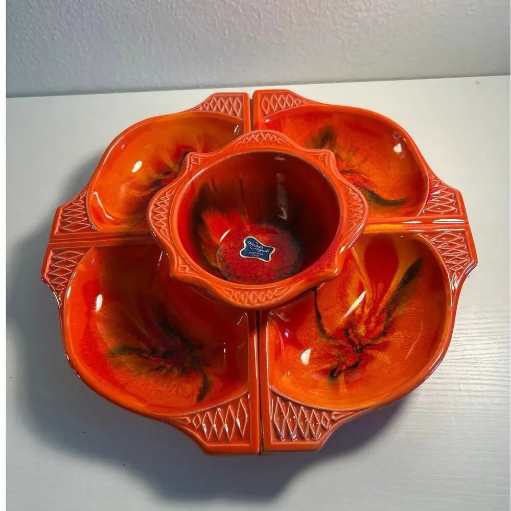 Art Deco 60’s Calif Originals Lazy Susan Chips & Dip Serving Dish Orange Lava